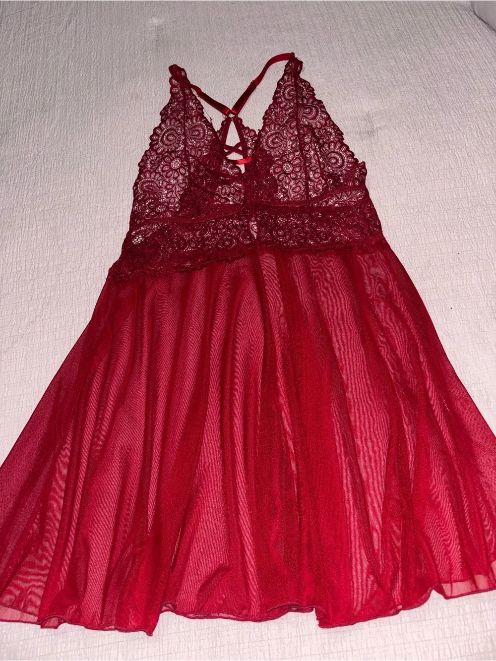 Red Lace & Mesh Babydoll Chemise with Crisscross Back